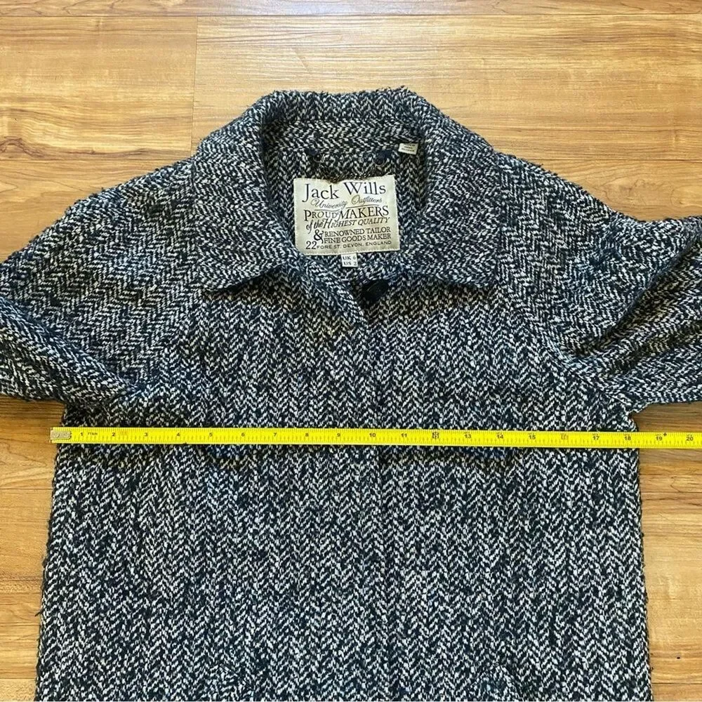 JACK WILLS 2 Womens Navy Blue Fuzzy Wool Tweed Herringbone Pea Coat Academia